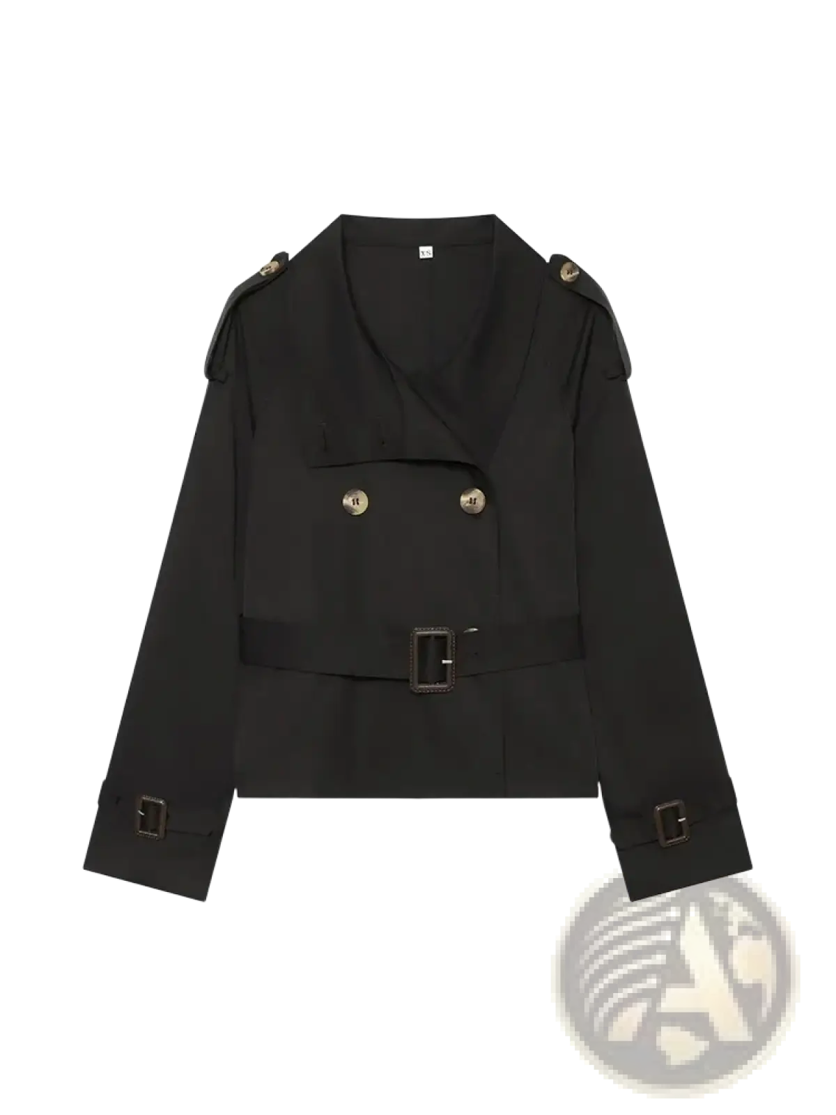 Black double-breasted trench coat with gold-toned buttons and matching belt shown from the front view