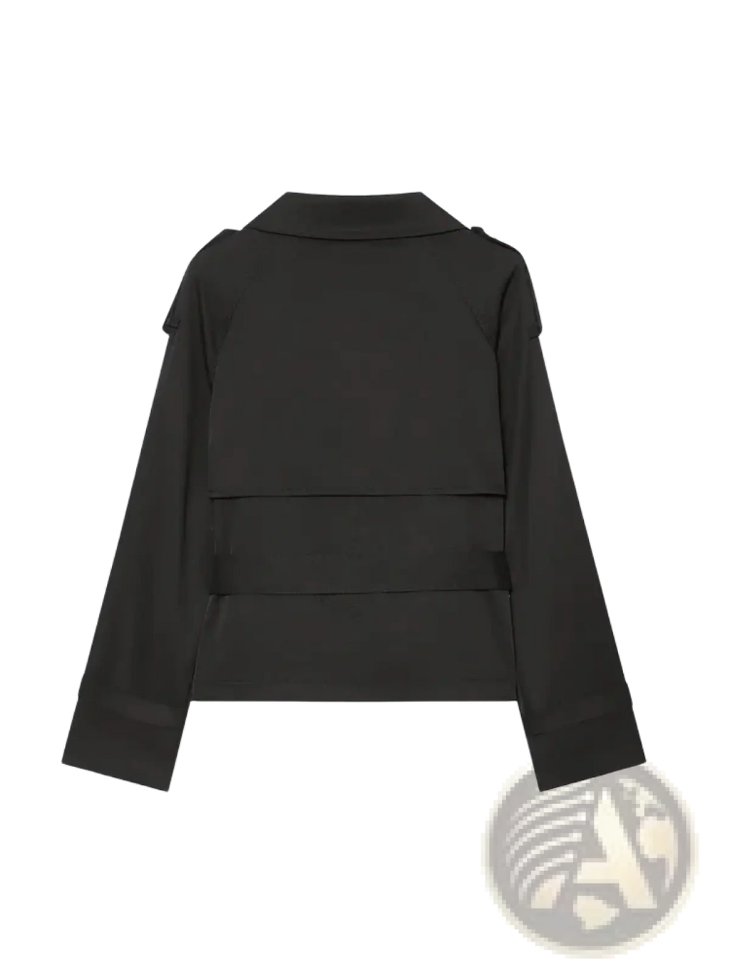 Beige double breasted belted trench coat paired with a black satin blazer featuring structured shoulders and seam detailing