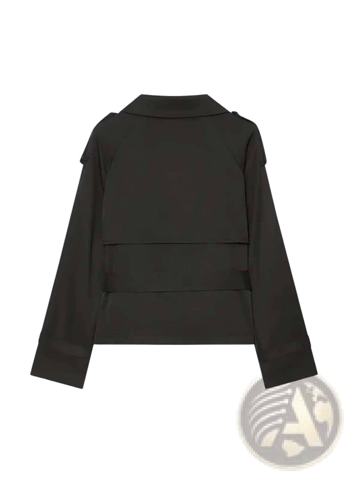 Beige double breasted belted trench coat paired with a black satin blazer featuring structured shoulders and seam detailing