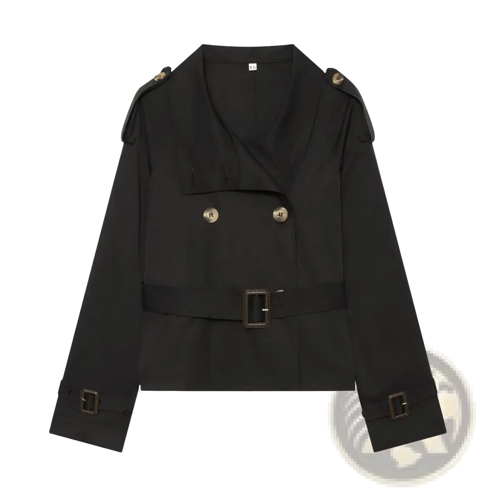 Black double breasted trench coat with gold toned buttons and matching belt contrasted with beige style title