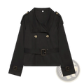 Black double breasted trench coat with gold toned buttons and matching belt contrasted with beige style title