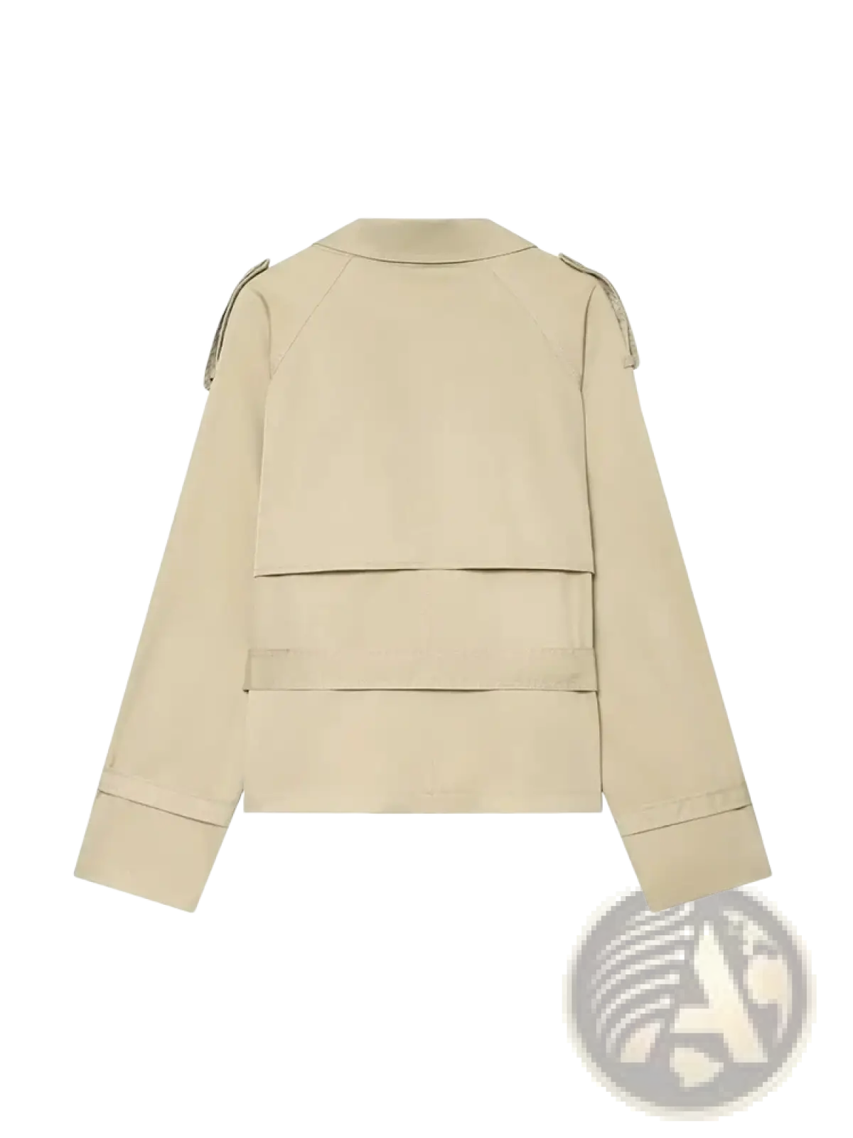 Beige double breasted belted trench coat with structured shoulders and horizontal belt accents in classic fabric