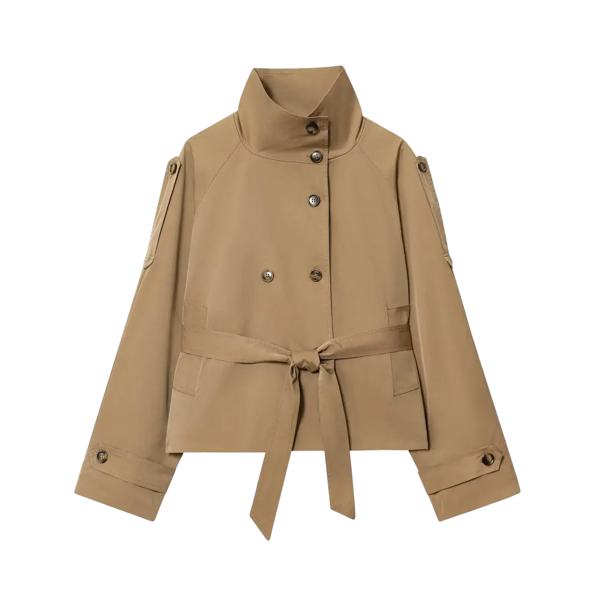 Beige double breasted trench coat with high collar and matching belt tied at the waist for stylish outerwear