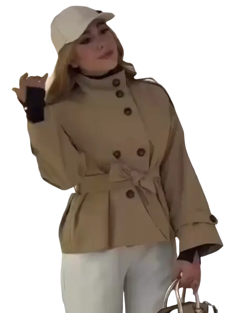Beige double breasted trench coat with dark brown buttons and belted waist in classic lightweight fabric