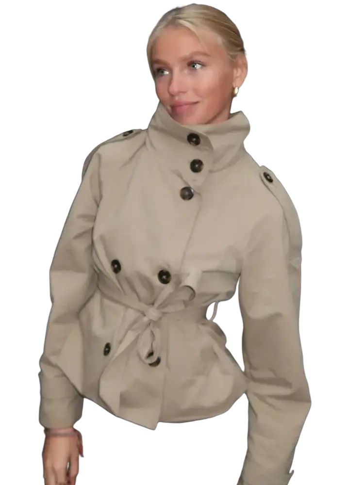 Beige double breasted trench coat with dark brown buttons and belted waist made from lightweight material