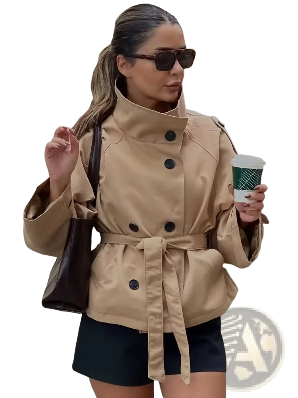 Beige double breasted trench coat featuring black buttons and a belted waist for a classic tailored look