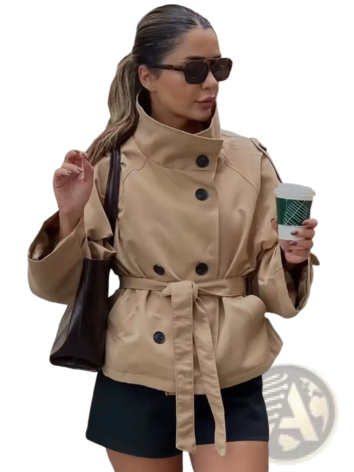 Beige double breasted trench coat featuring black buttons and a belted waist for a classic tailored look