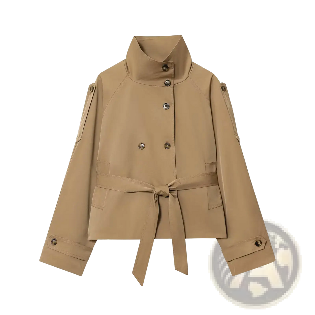 Beige double breasted trench coat with high collar and matching belt tied at the waist for stylish outerwear