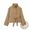Beige double breasted trench coat with high collar and matching belt tied at the waist for stylish outerwear