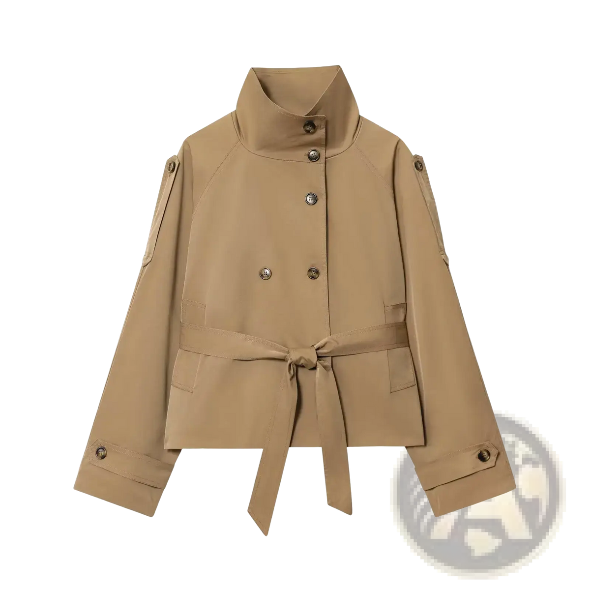 Beige double breasted trench coat with high collar and matching belt tied at the waist for stylish outerwear