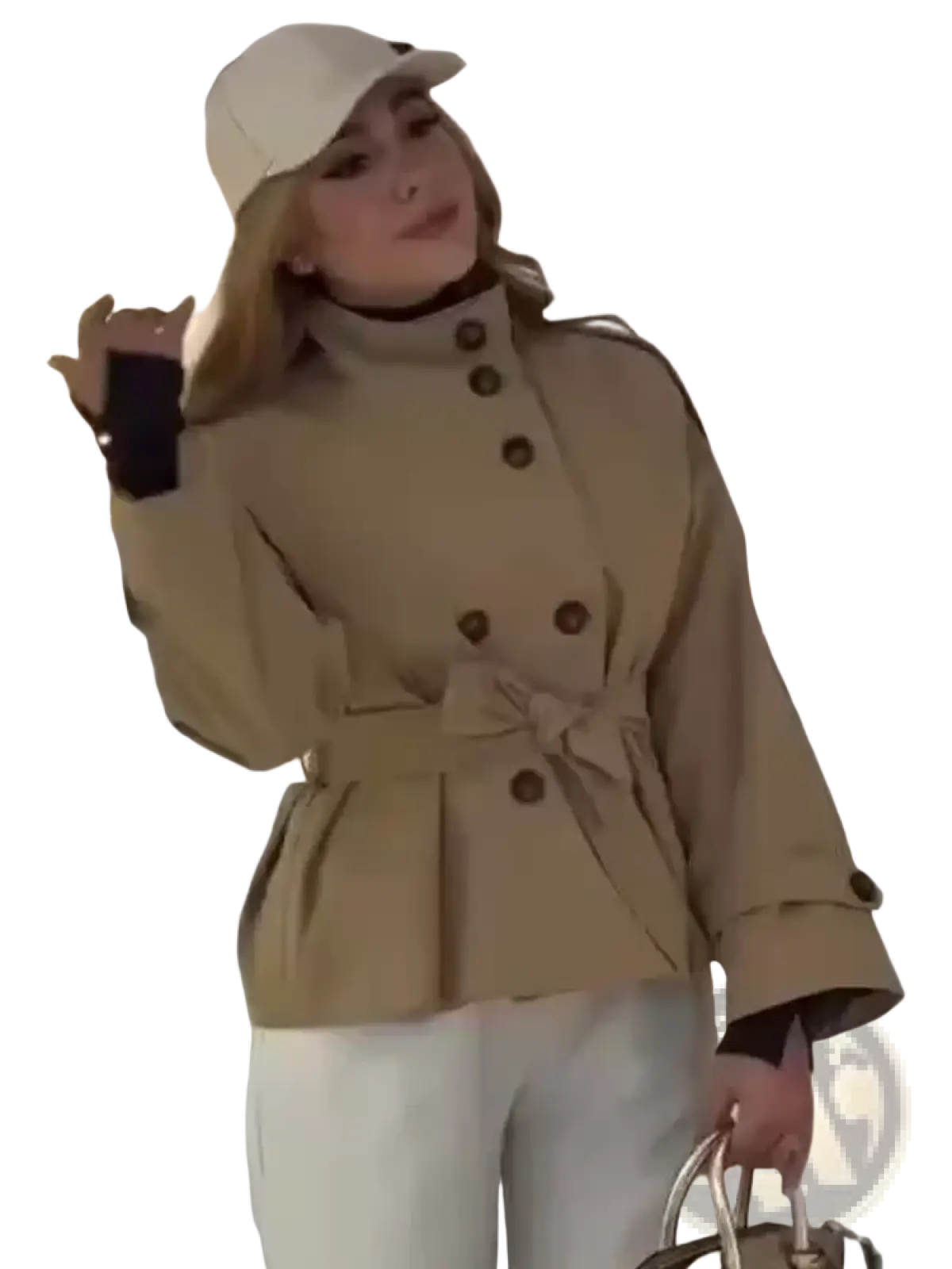 Beige double breasted trench coat with dark brown buttons and belted waist in classic lightweight fabric