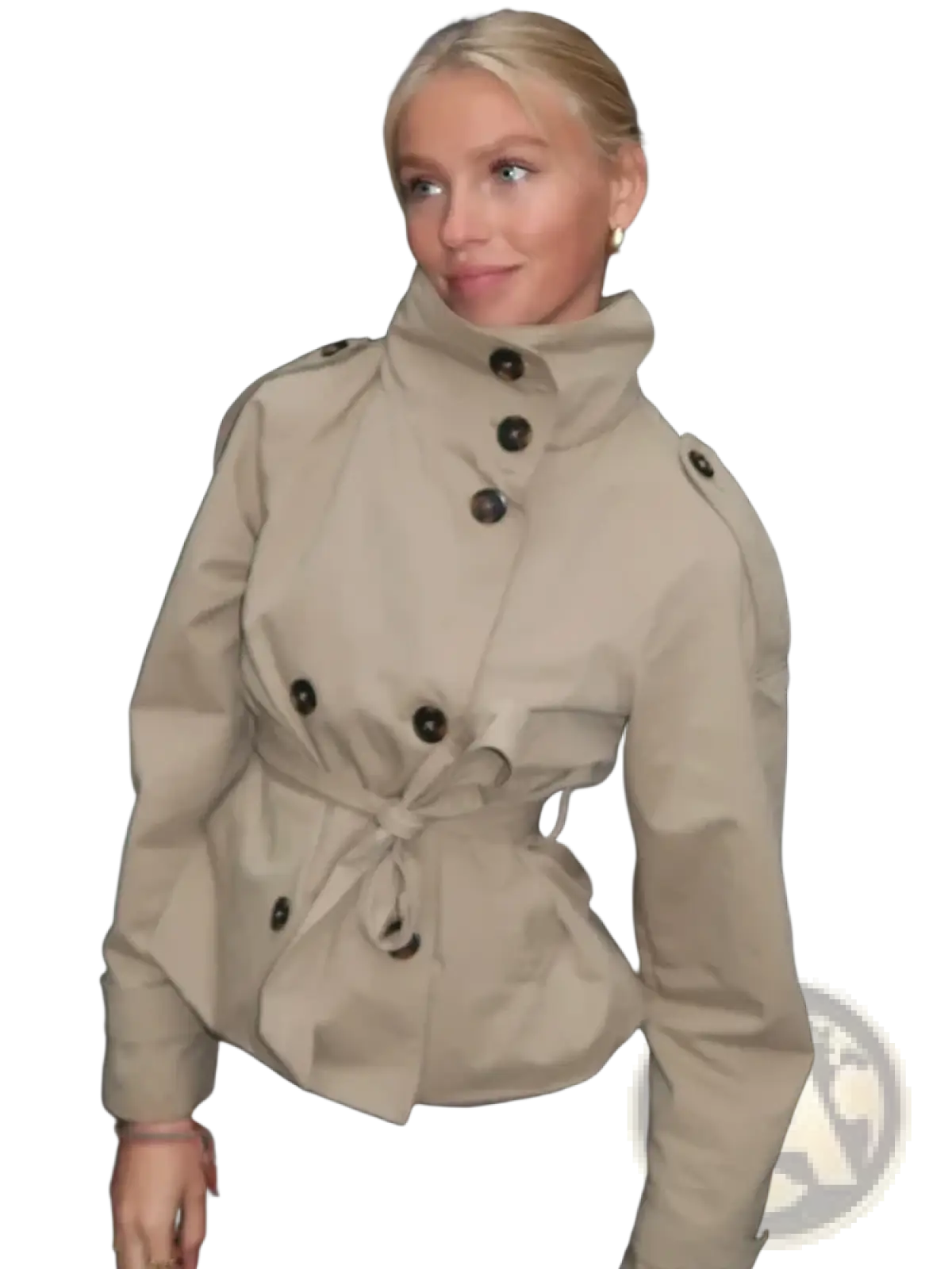 Beige double breasted trench coat with dark brown buttons and belted waist made from lightweight material