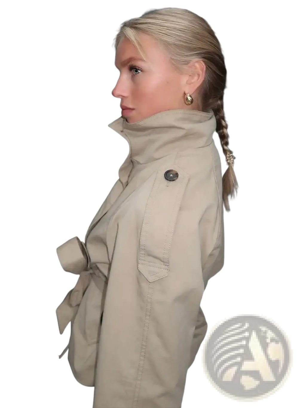 Beige double breasted trench coat with high collar button closure and belted waist for stylish outerwear