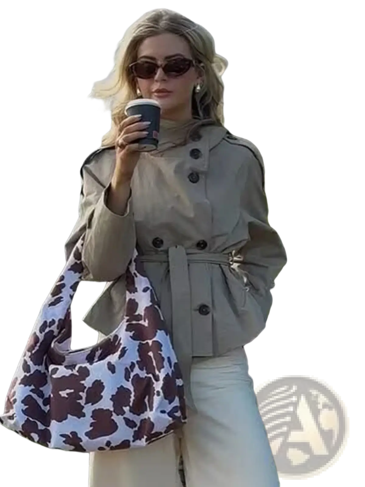 Beige double breasted trench coat paired with a white and brown cow print soft slouchy hobo bag