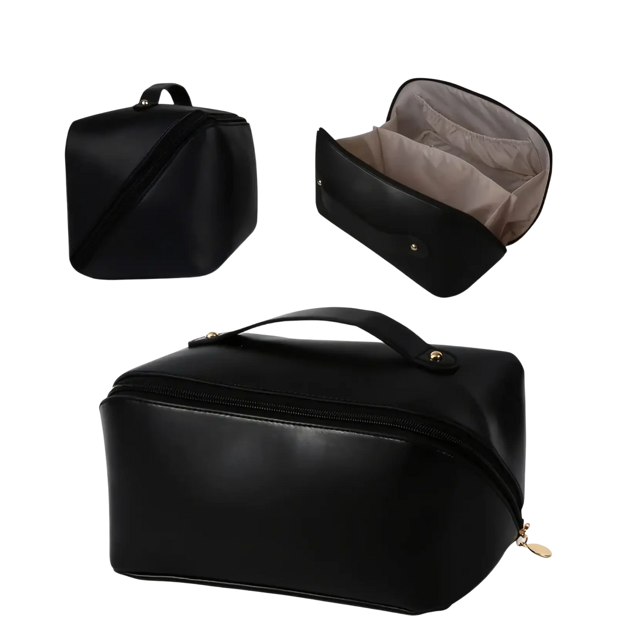 Black faux leather cosmetic case with gold-tone zipper pull and handle shown with beige fabric travel makeup bag organizer