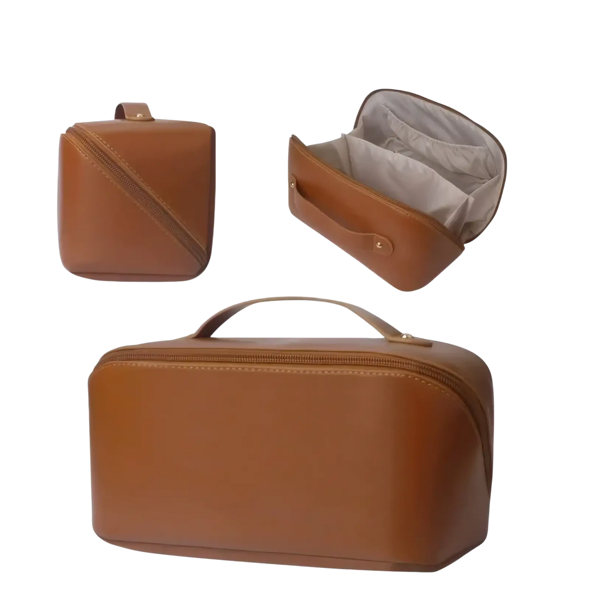 Beige fabric travel makeup bag and toiletry organizer with brown leather top handle and zipper closure