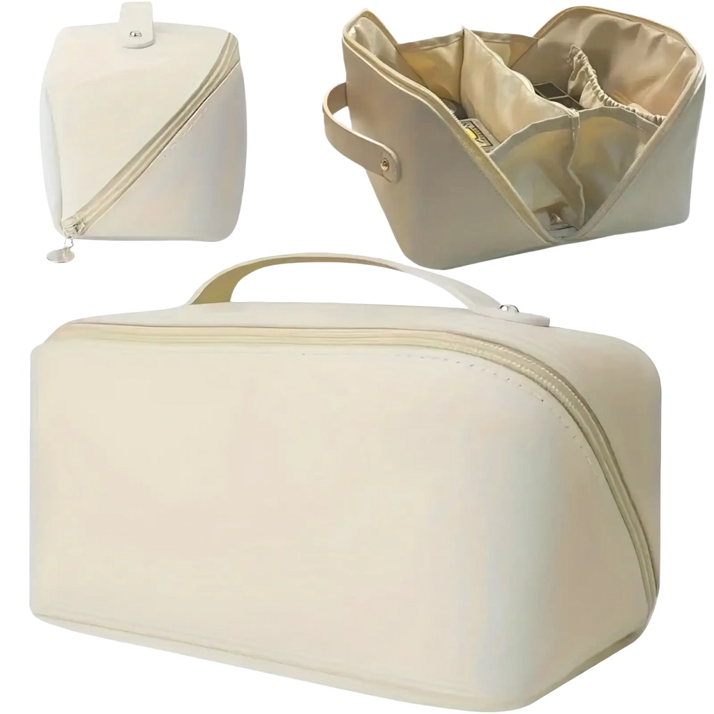 Beige fabric travel makeup bag with cream-colored rectangular shape, top handle, and zipper closure toiletry organizer
