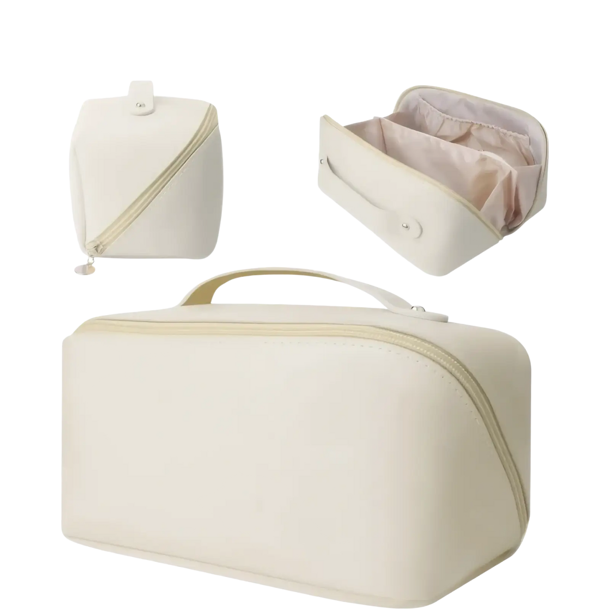 Beige fabric travel makeup bag and toiletry organizer with cream-colored soft texture, top handle, and zipper closure