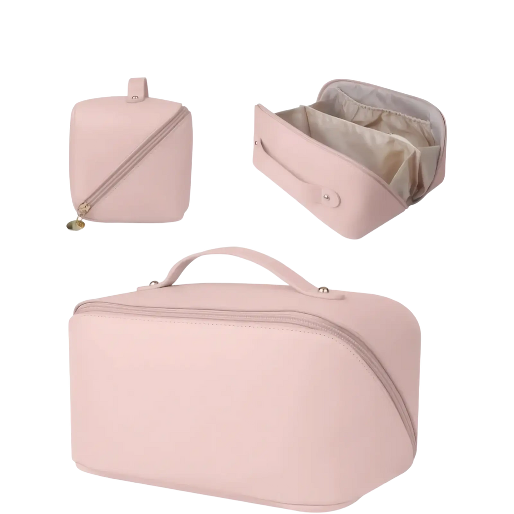 Beige fabric travel makeup bag with soft pink rectangular toiletry bag featuring top handle and zipper closure
