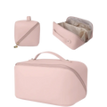 Beige fabric travel makeup bag with soft pink rectangular toiletry bag featuring top handle and zipper closure
