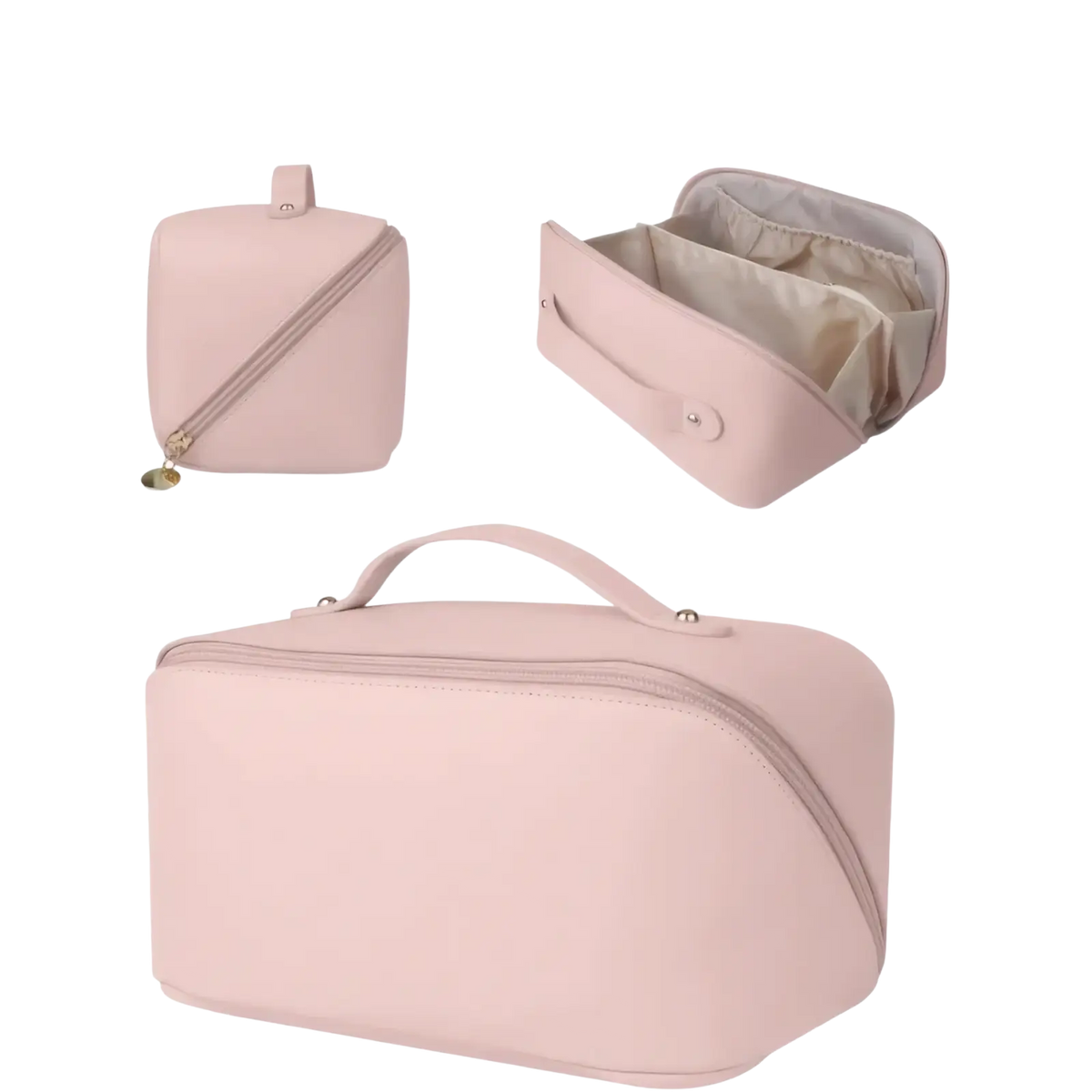 Beige fabric travel makeup bag with soft pink rectangular toiletry bag featuring top handle and zipper closure