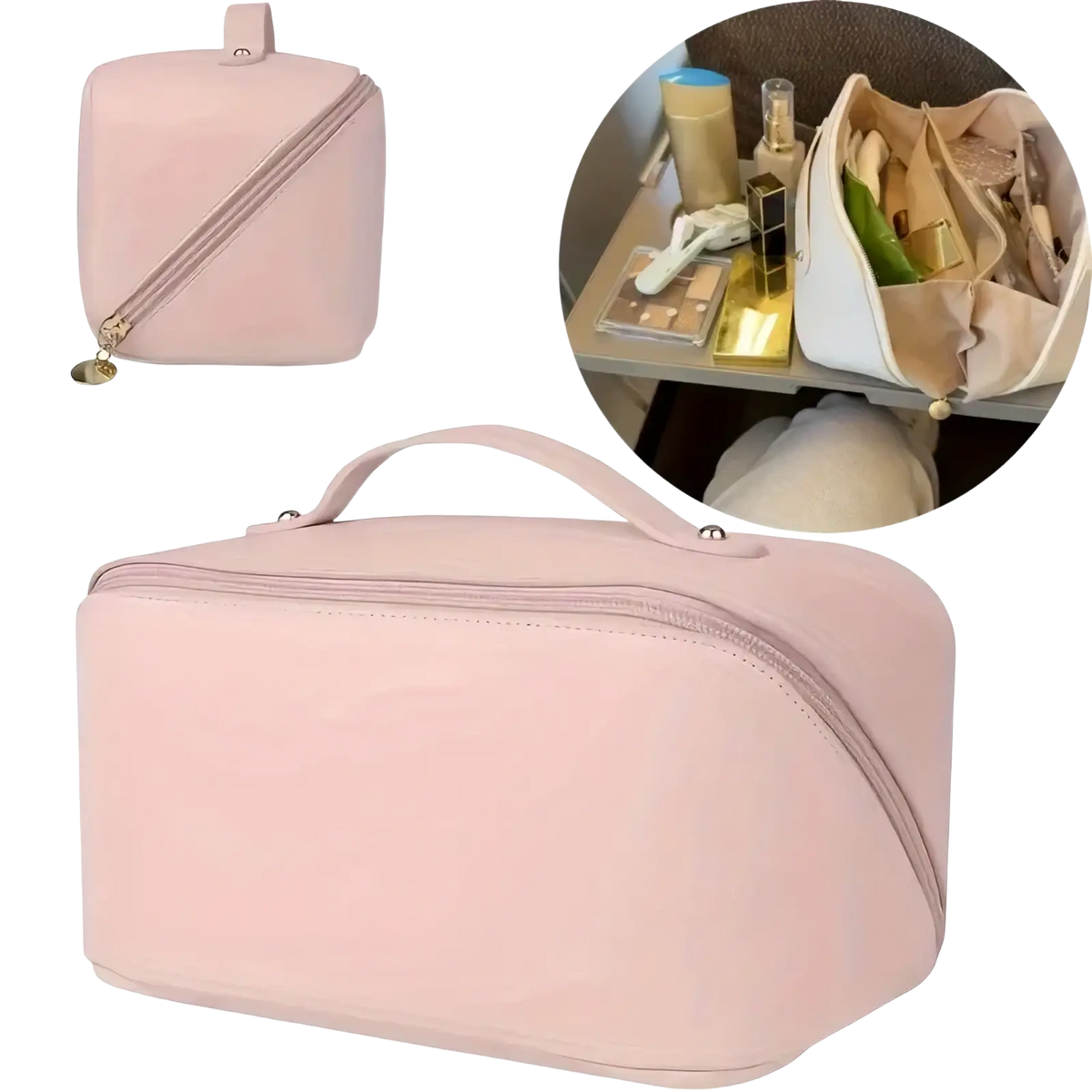 A soft pink rectangular fabric travel makeup bag with top handle and zipper closure for toiletry organization