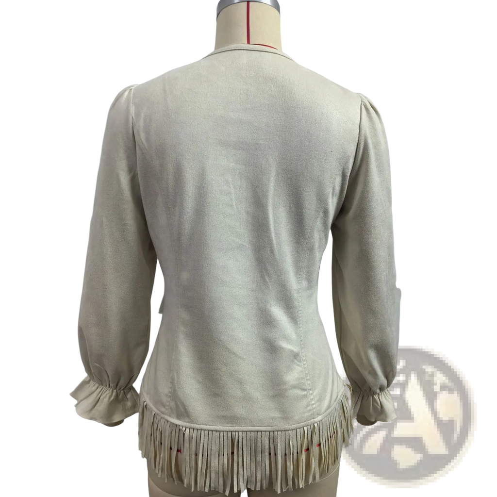 Beige fringe suede v-neck jacket with long sleeves cream-colored suede and a fringed hem
