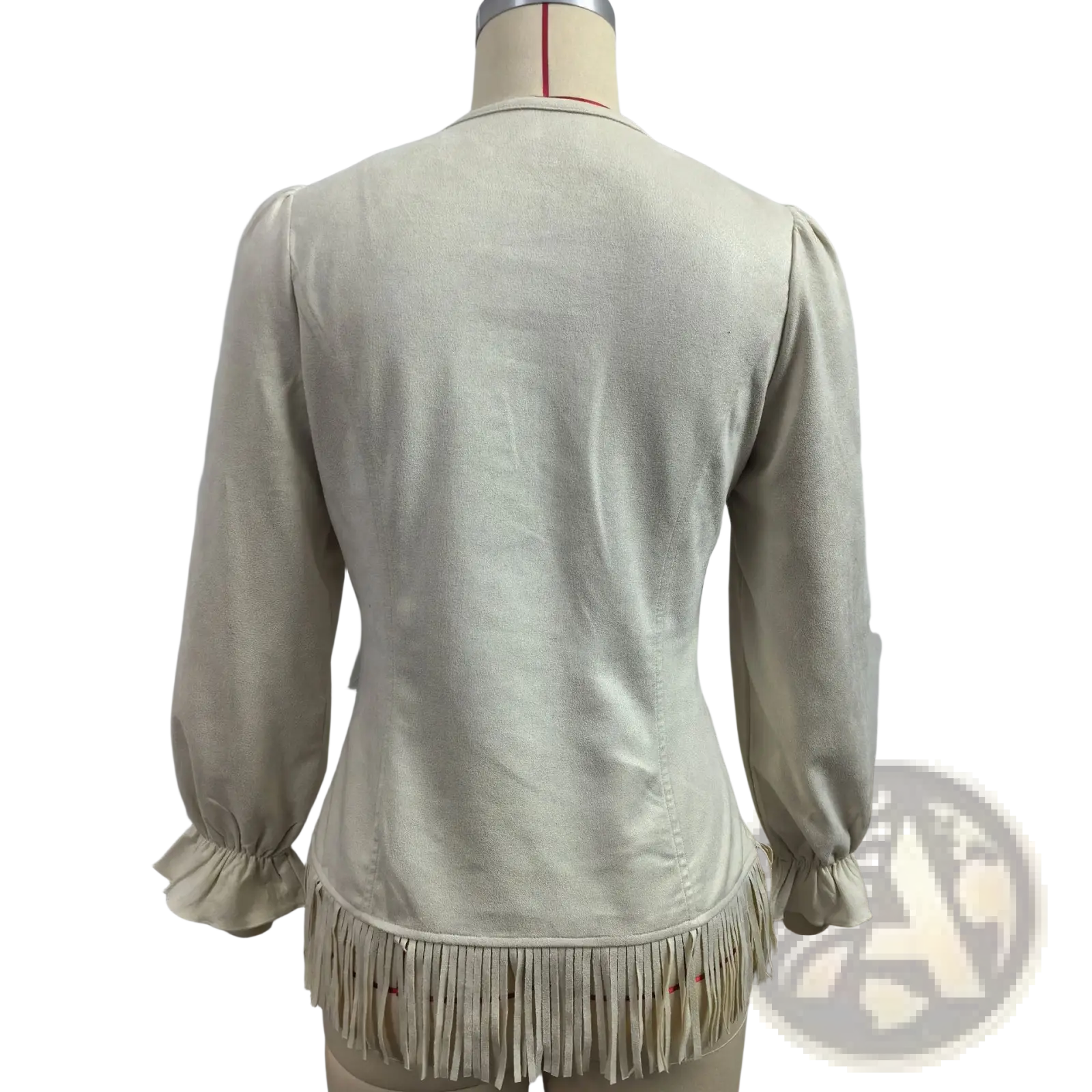 Beige fringe suede v-neck jacket with long sleeves cream-colored suede and a fringed hem