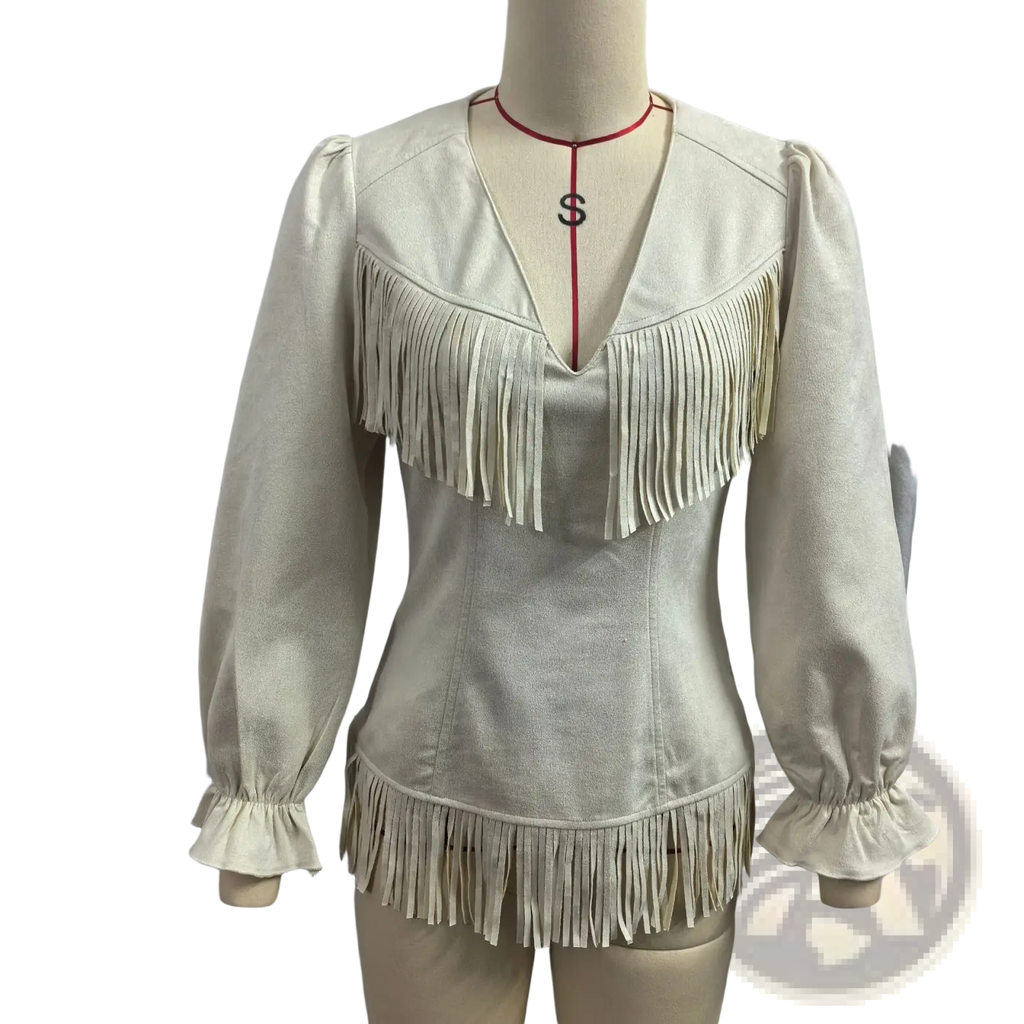 Beige fringe suede v-neck jacket with cream-colored suede, long puffed sleeves, and fringe detailing on neckline and hem