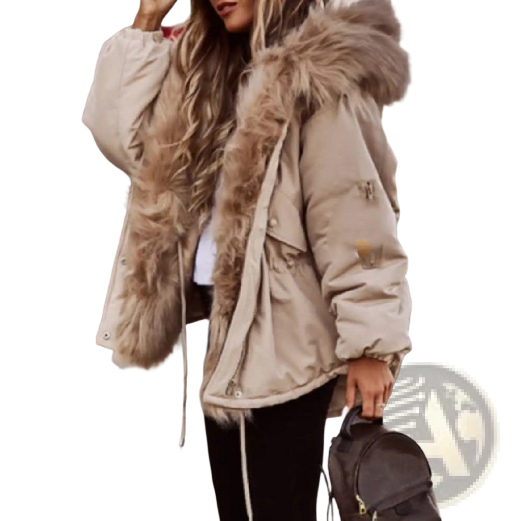 Beige fur collar puffer jacket for women featuring a plush tan-colored fur-lined hood and warm insulated material