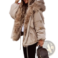 Beige fur collar puffer jacket for women featuring a plush tan-colored fur-lined hood and warm insulated material