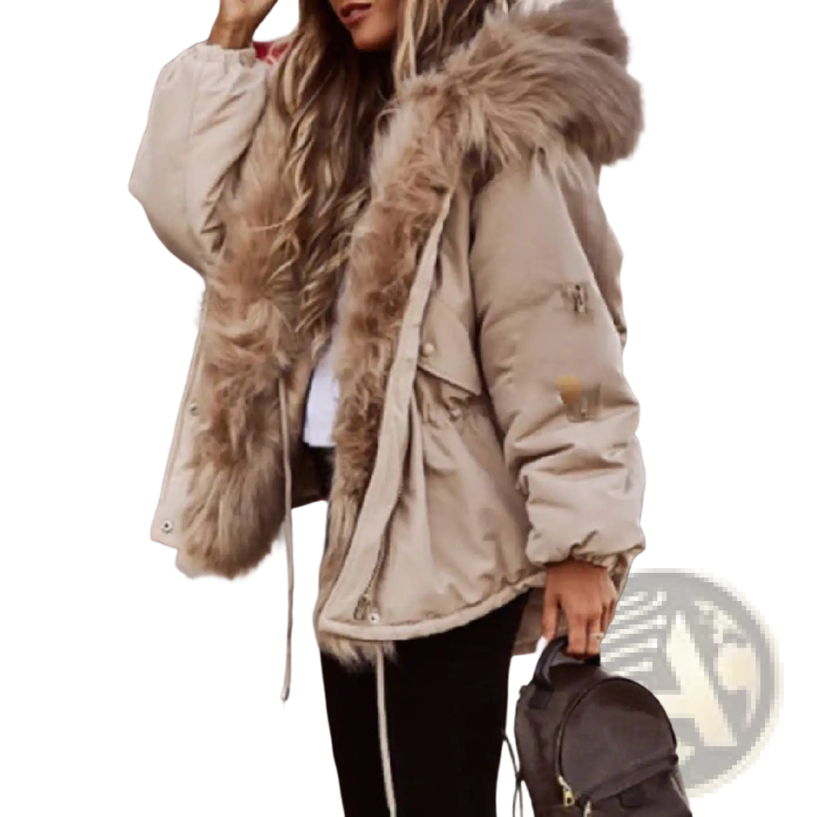 Beige fur collar puffer jacket for women featuring a plush tan-colored fur-lined hood and warm insulated material