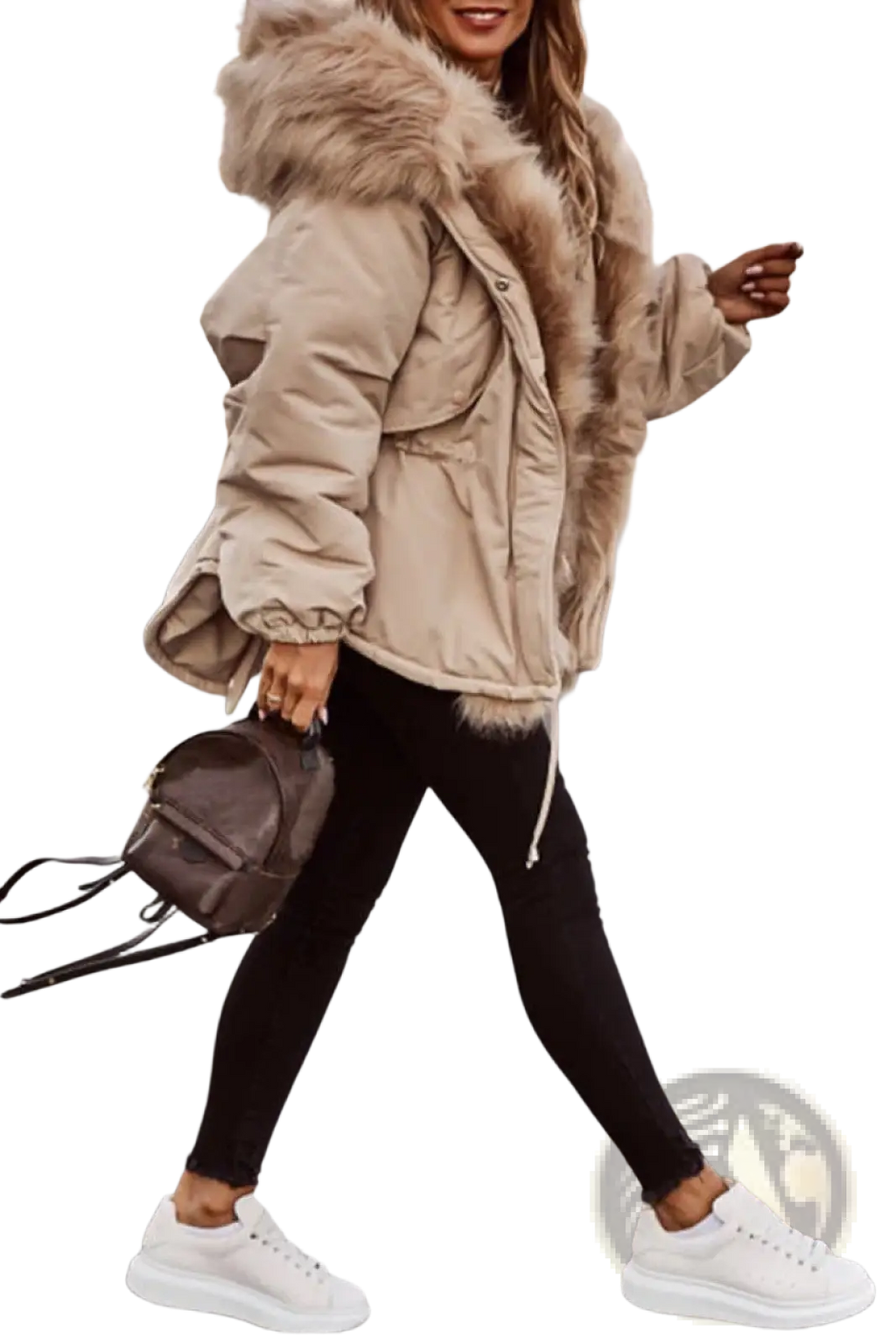 Beige fur collar puffer jacket for women with plush light brown fur-lined hood and insulated fabric for warmth