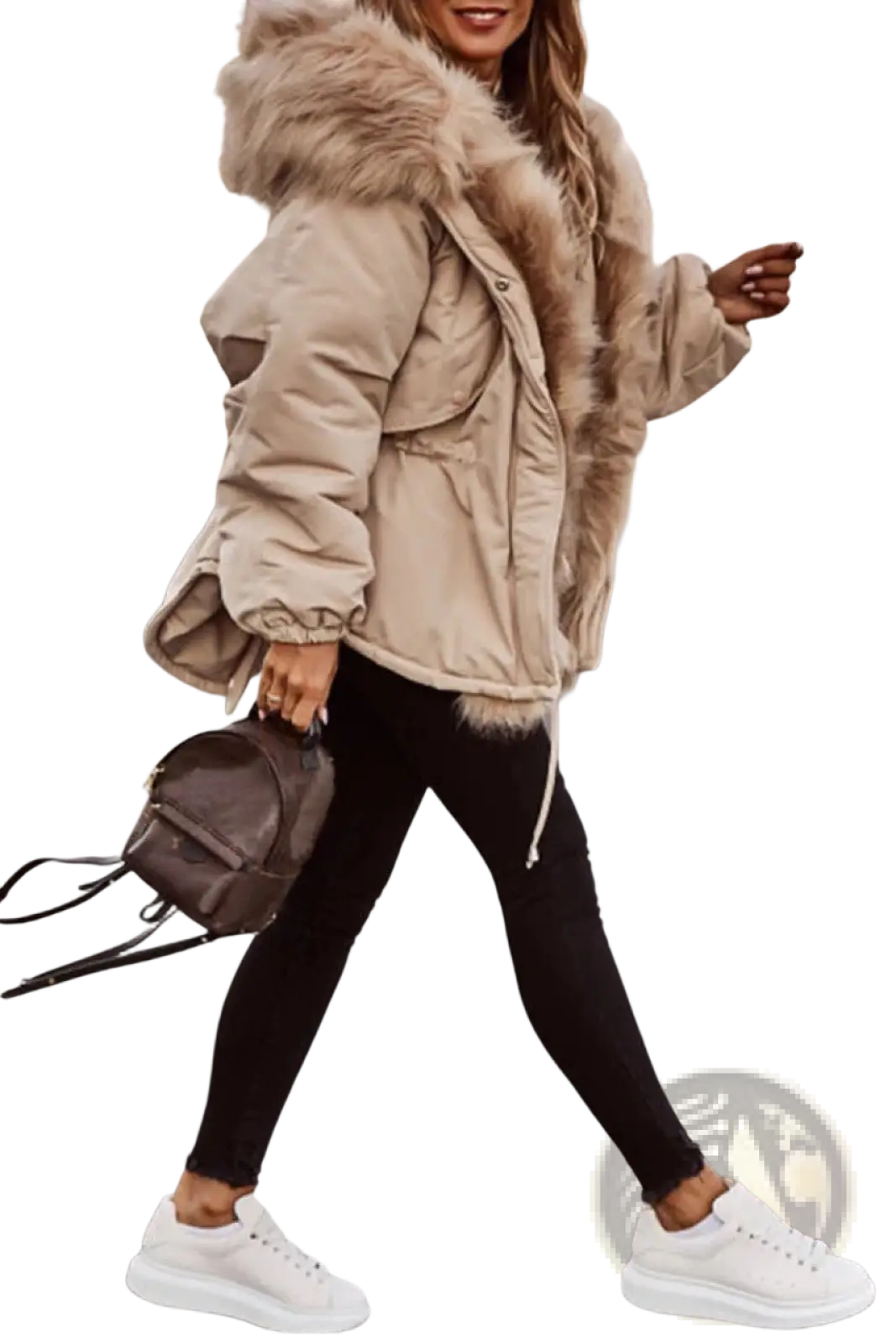 Beige fur collar puffer jacket for women with plush light brown fur-lined hood and insulated fabric for warmth
