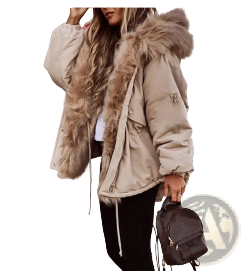 Beige fur collar puffer jacket for women with plush tan faux fur-lined hood and quilted polyester exterior