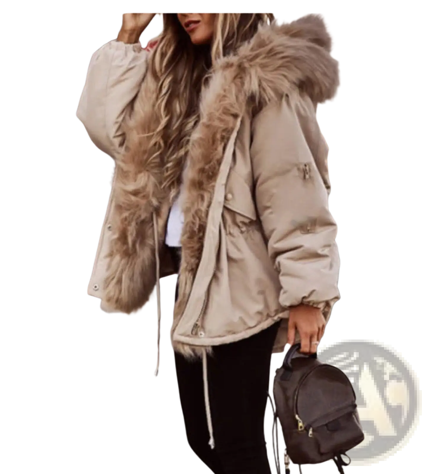 Beige fur collar puffer jacket for women with plush tan faux fur-lined hood and quilted polyester exterior