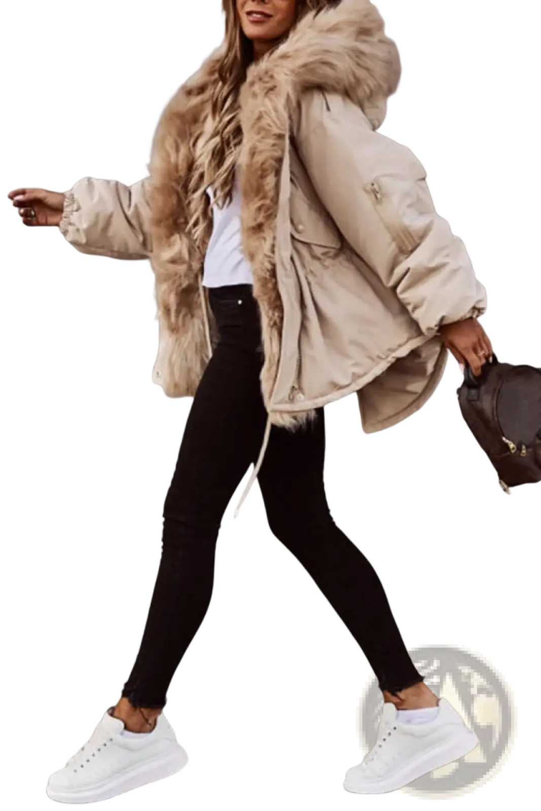 Beige fur collar puffer jacket for women featuring a plush tan faux fur hood and insulated beige fabric
