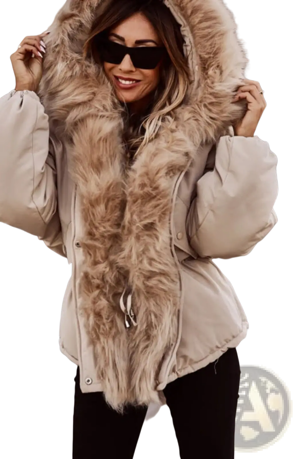 Beige fur collar puffer jacket for women with plush tan faux fur hood and trim in a warm padded design
