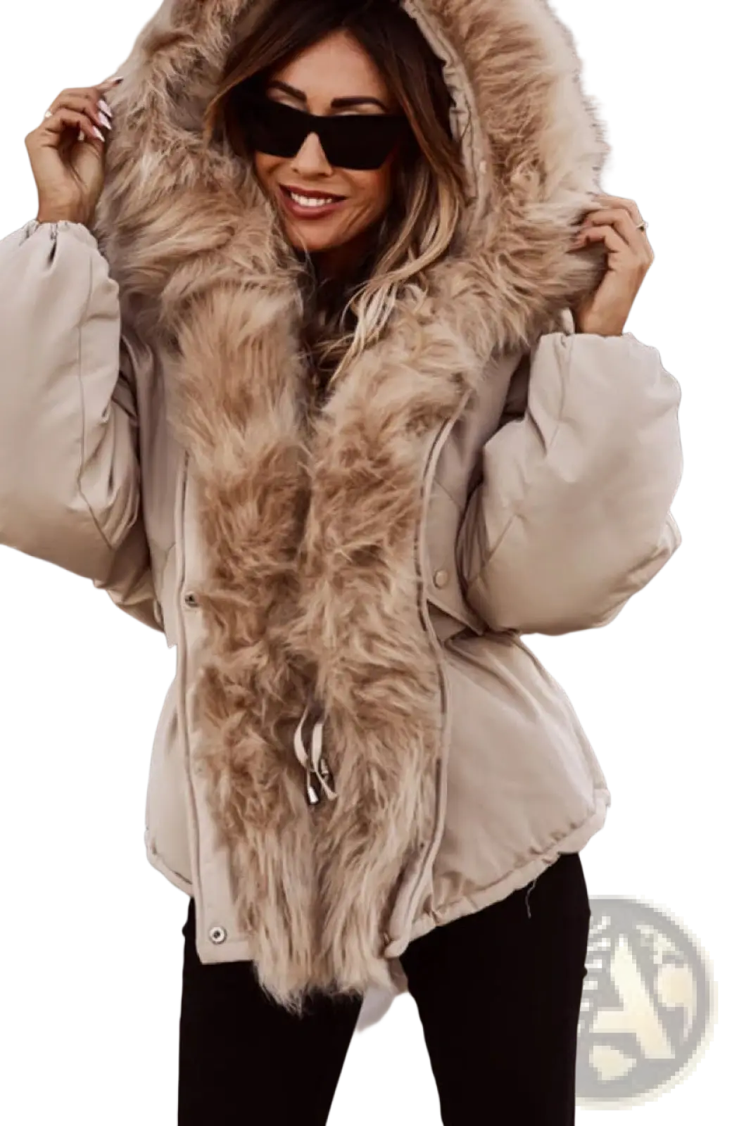 Beige fur collar puffer jacket for women with plush tan faux fur hood and trim in a warm padded design
