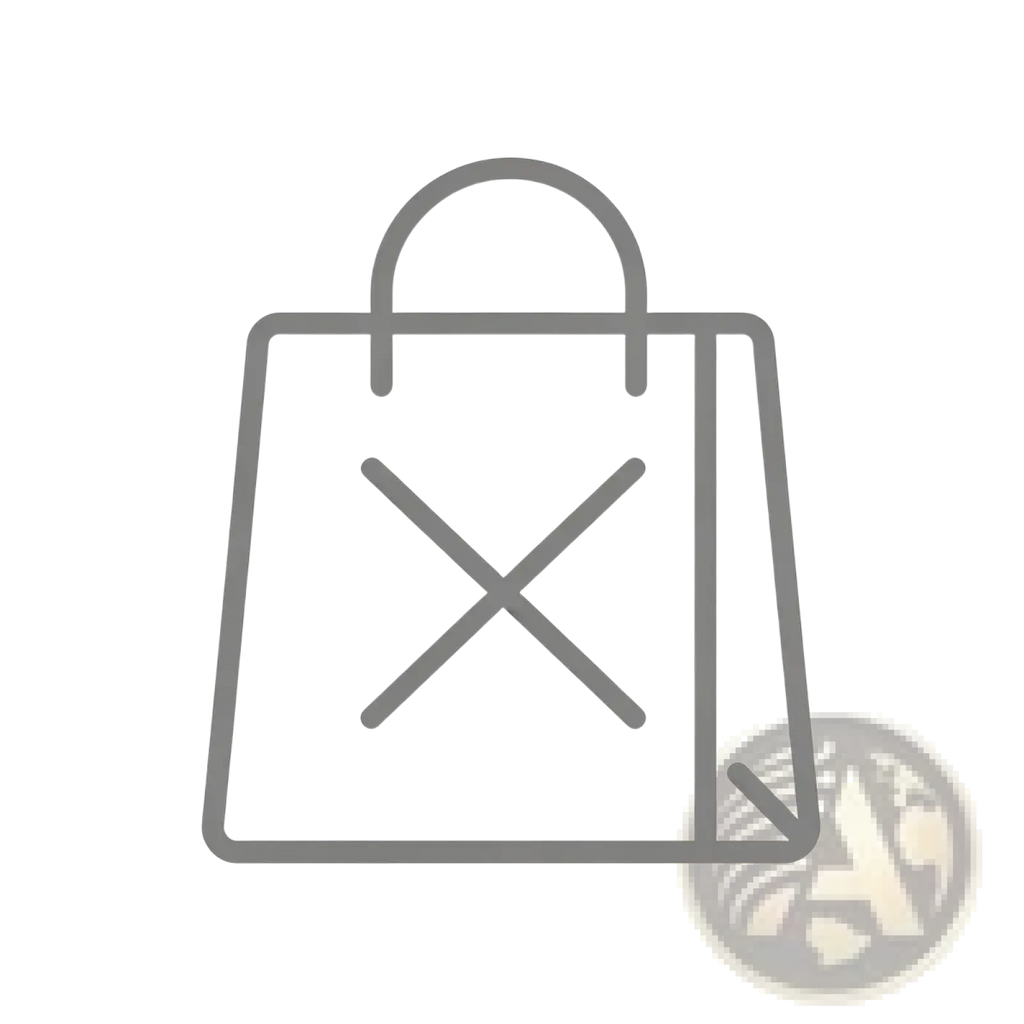 Gray line-art shopping bag icon with bold x mark displayed next to beige halter neck wide leg jumpsuit product image