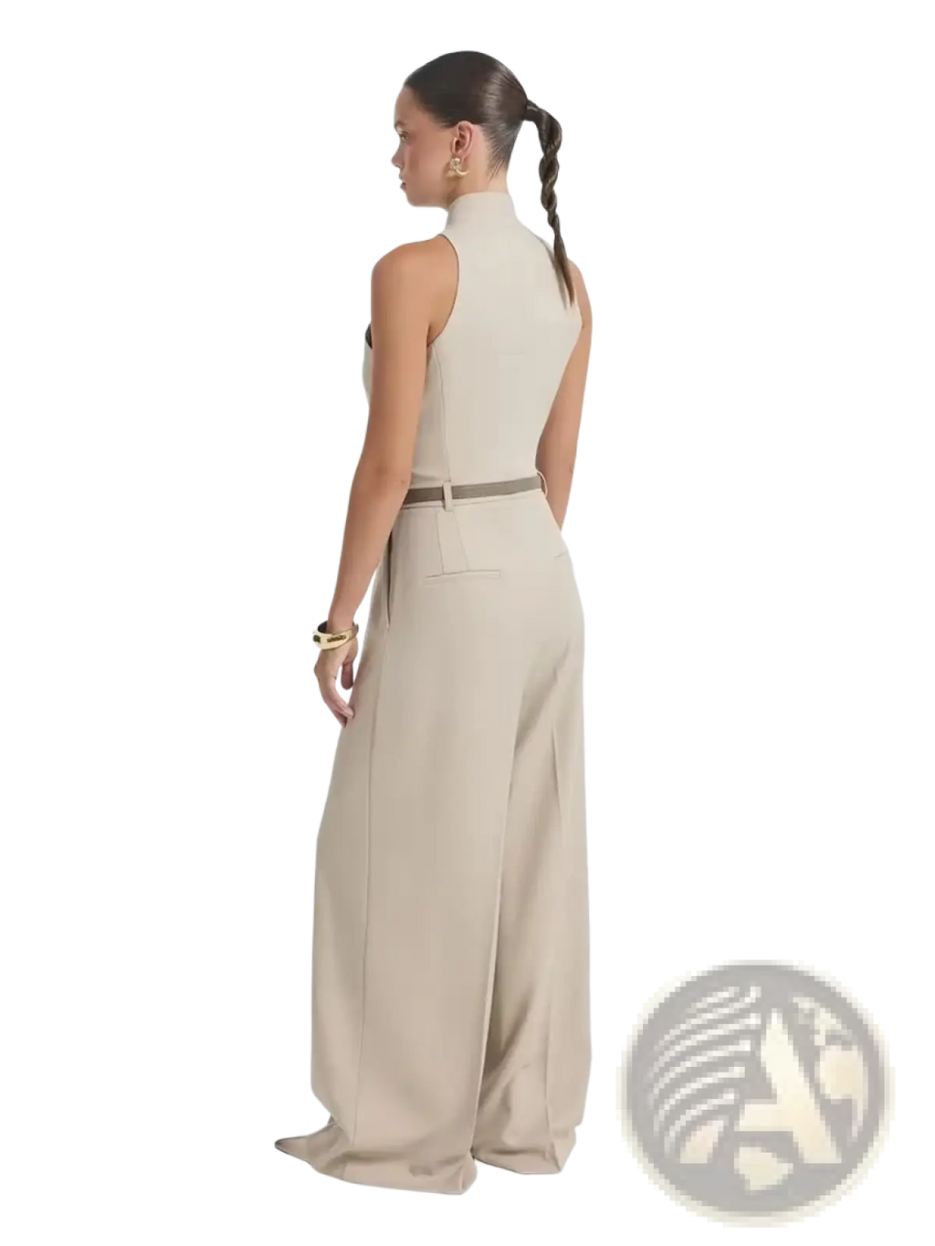 Beige halter neck sleeveless jumpsuit with wide-leg trousers and matching belt in lightweight fabric