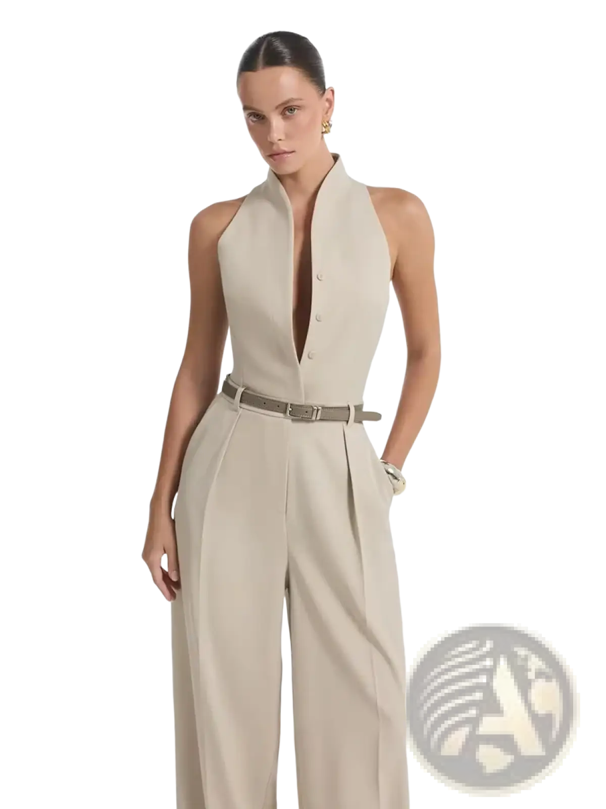 Beige halter neck wide leg jumpsuit featuring sleeveless design with button front and high-waisted pants