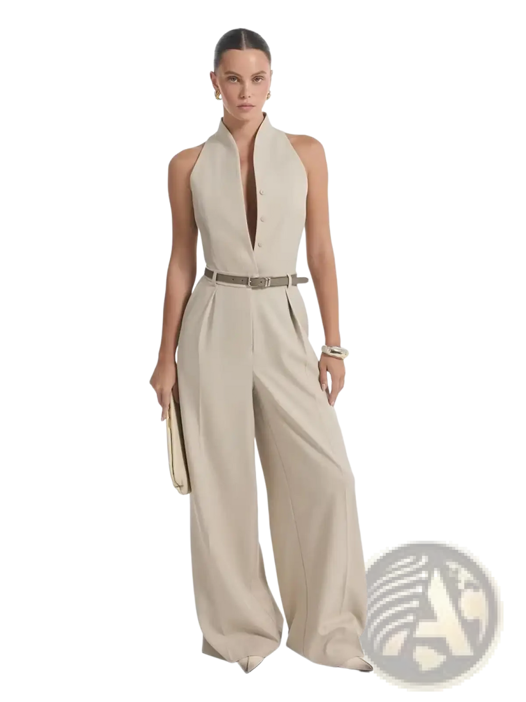 Beige sleeveless jumpsuit with high neckline button front closure and wide leg trousers in lightweight fabric