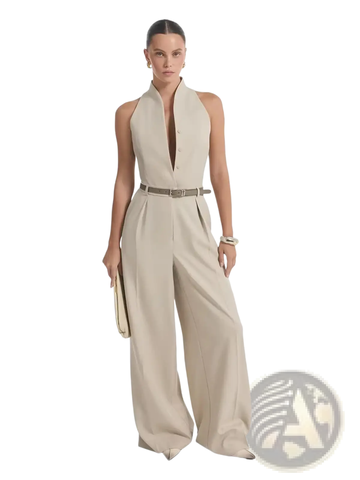 Beige sleeveless jumpsuit with high neckline button front closure and wide leg trousers in lightweight fabric