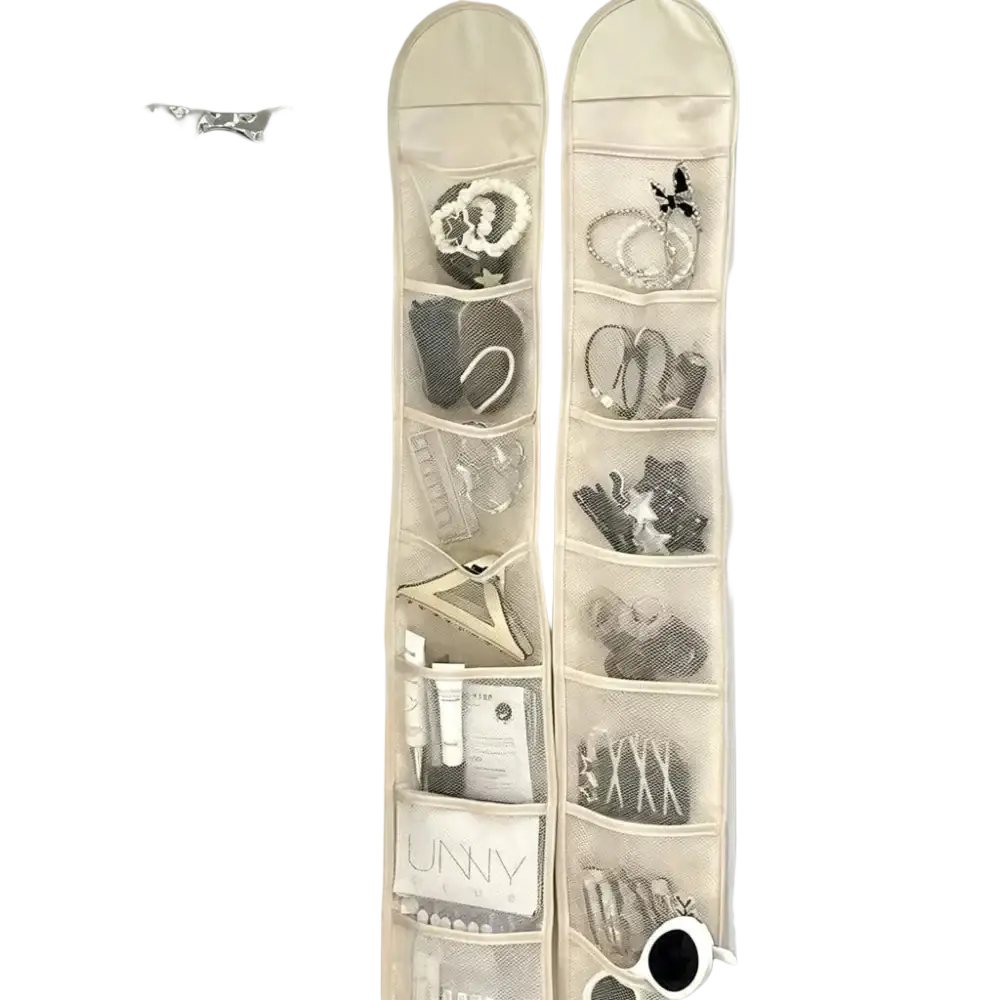 Beige hanging closet organizer made of mesh with multiple compartments holding beauty items and accessories