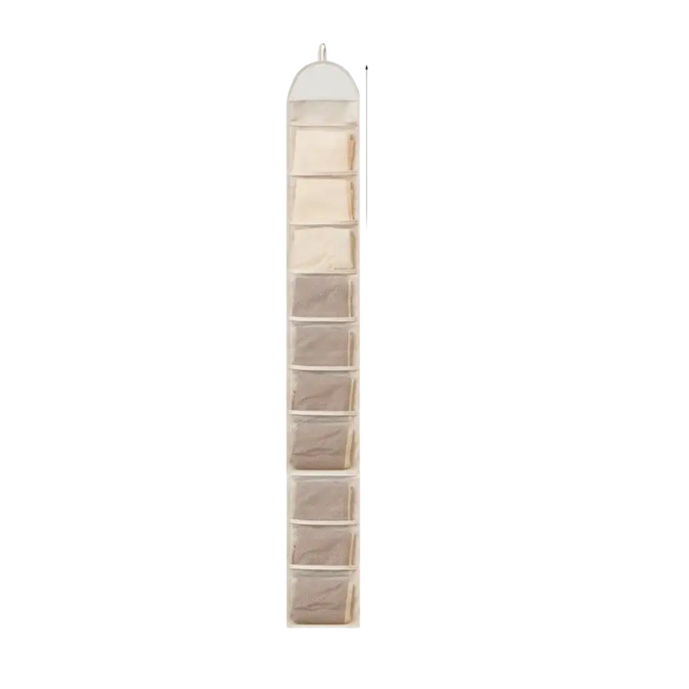 Beige hanging closet organizer made of fabric with ten clear rectangular mesh pockets for storage and organization
