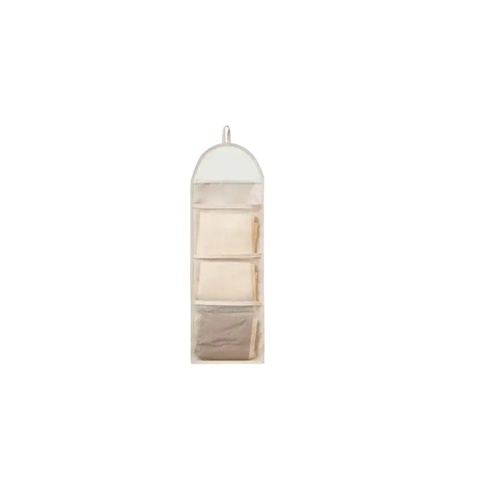 Beige hanging closet organizer mesh pocket storage bag with three vertical compartments made of fabric