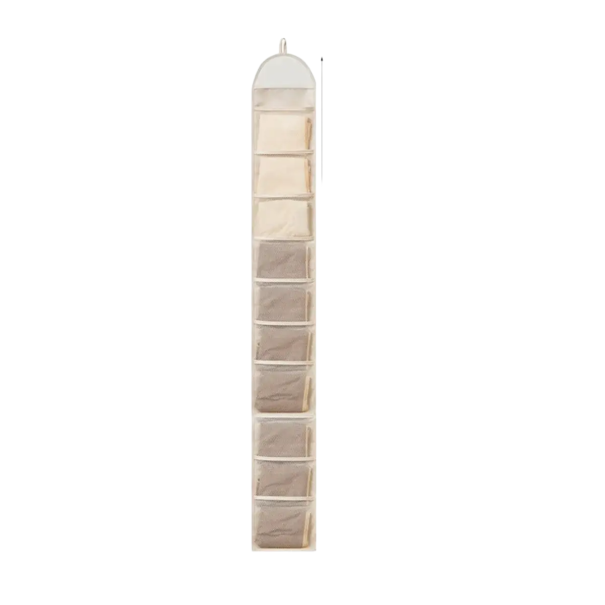 Beige hanging closet organizer made of fabric with ten clear mesh front pockets for versatile storage