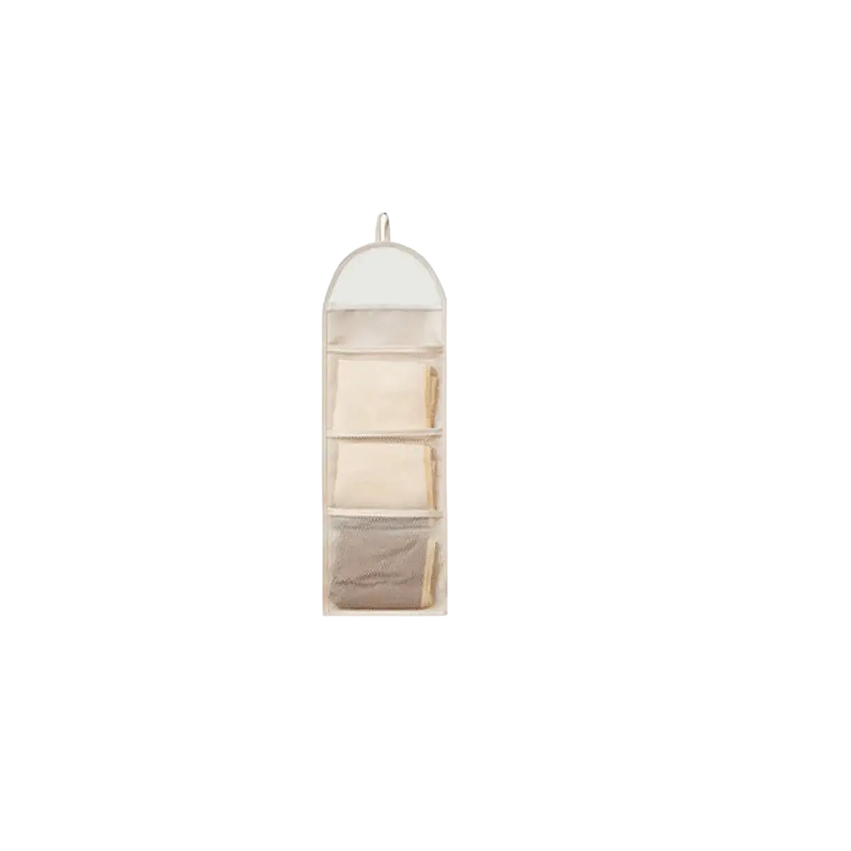 Beige hanging closet organizer made of fabric with mesh pockets and three vertical compartments with rounded top