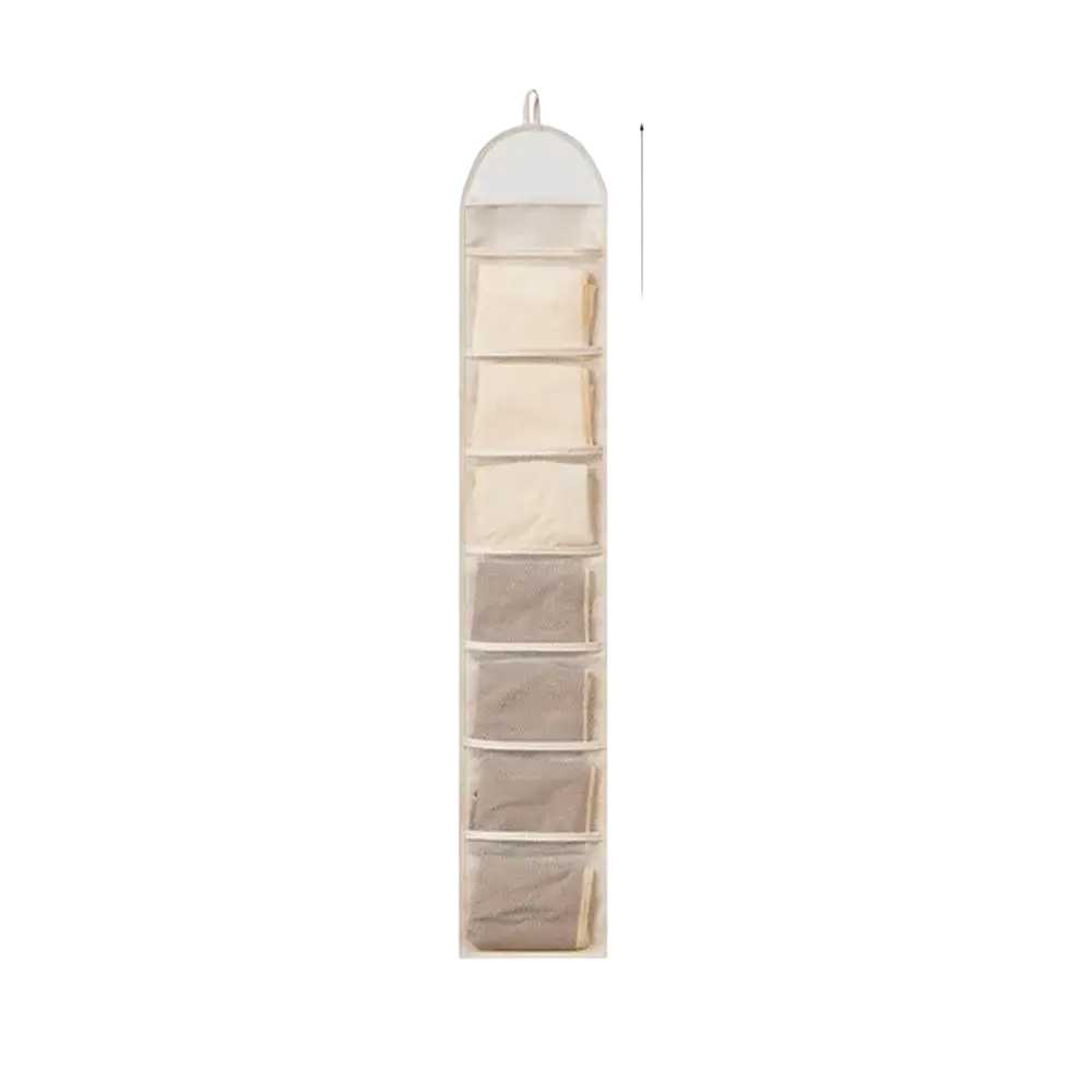 Beige hanging closet organizer made of fabric with seven clear plastic mesh pockets and a rounded top for storage